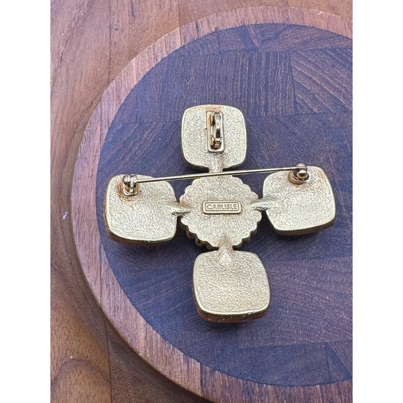 Vintage Gold Tone Carlisle Brooch Pin With Red & Amber Glass Cabochons Maltese C - Picture 5 of 6